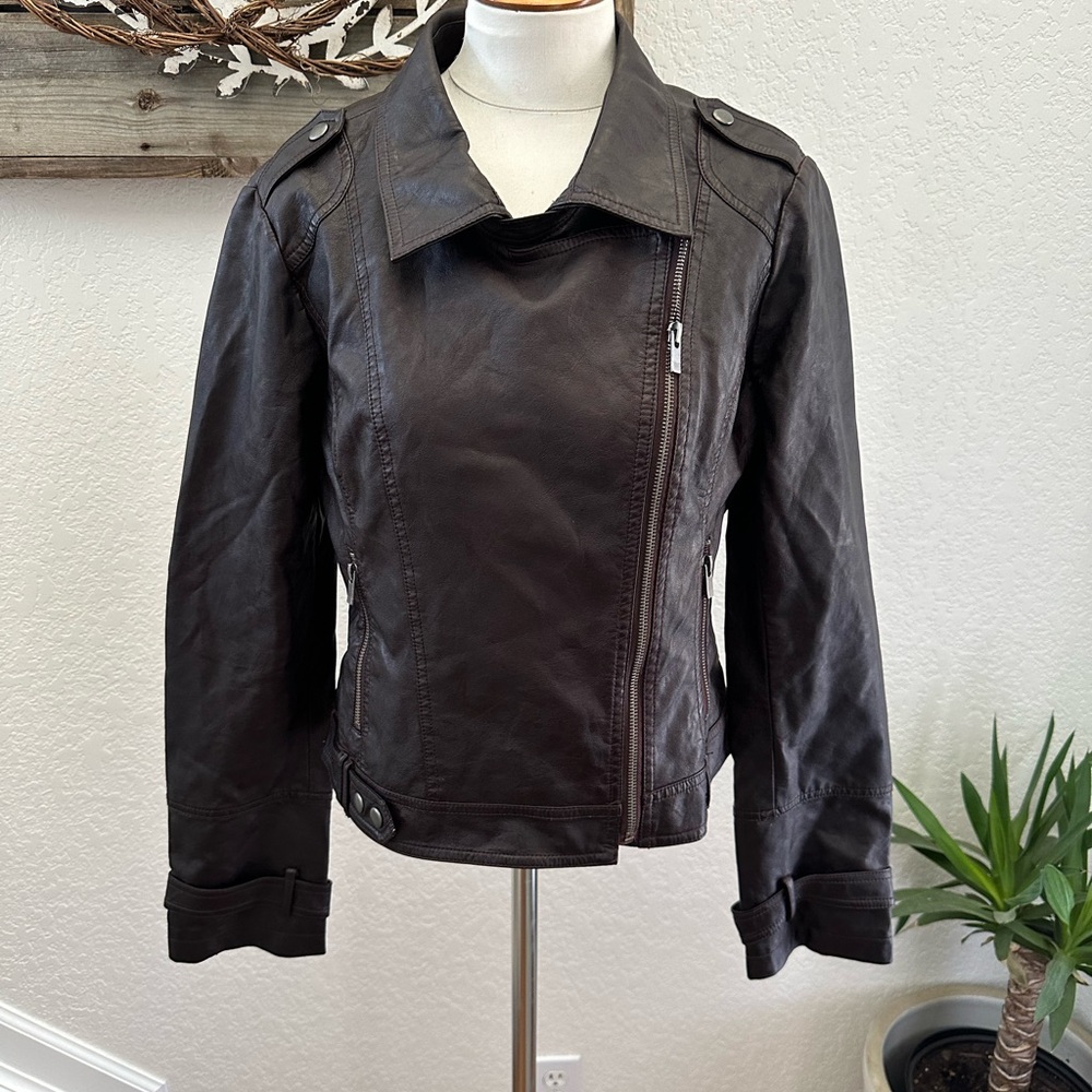 Blanc Noir brown faux leather moto zip jacket ladies size Large